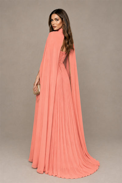 BOLODOO Coral Strapless Crossover Ruched Bodice Detached Turtleneck Cape Lace-Up Back Pleated Chiffon Maxi Dress - Coral