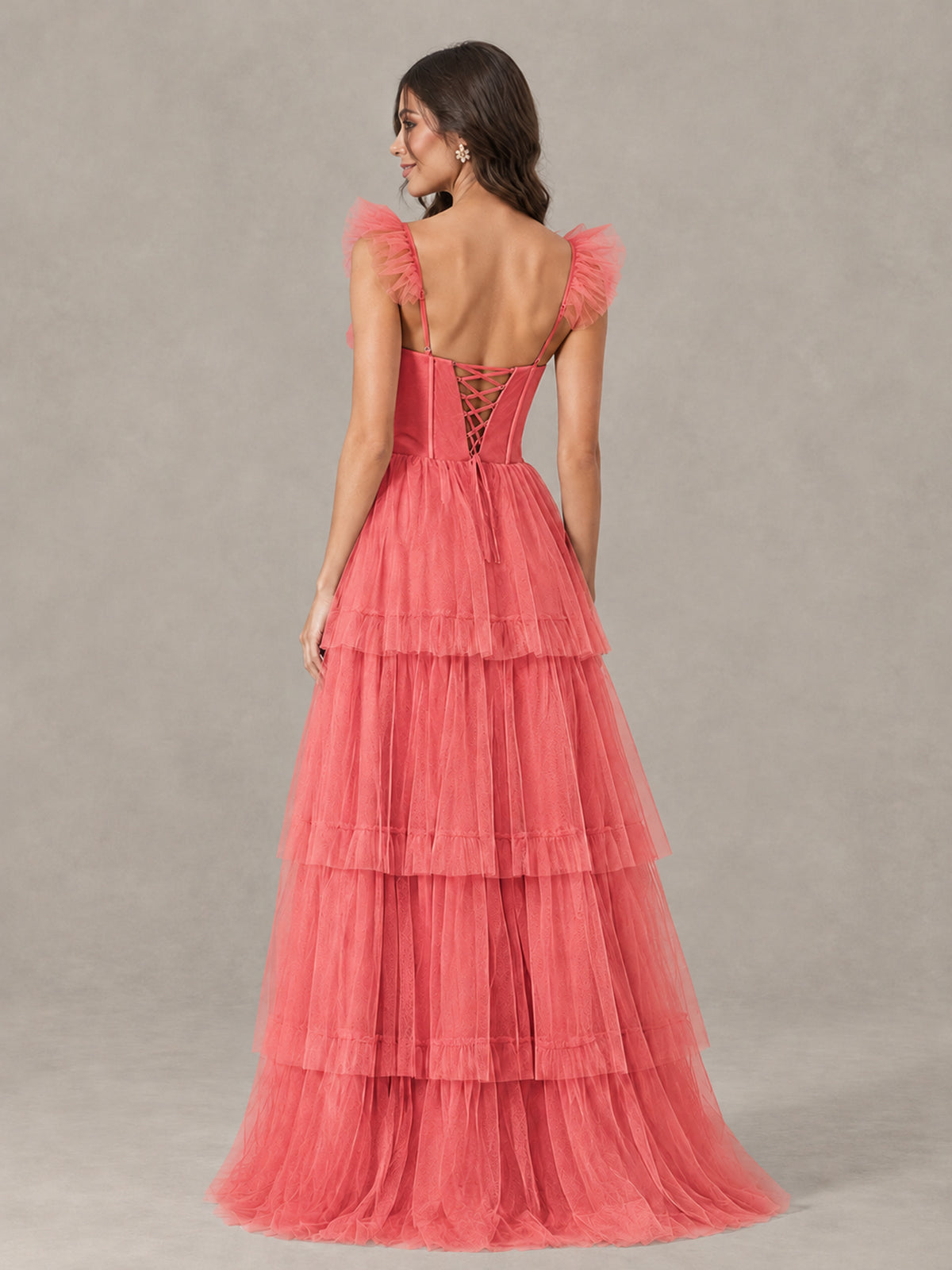 BOLODOO Coral Tiered Tulle Bridesmaid Dress with Slit - Coral - Coral (2)