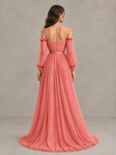 BOLODOO Coral Off-the-Shoulder Long Sleeve A-Line Bridesmaid Dress - Coral - Coral (2)