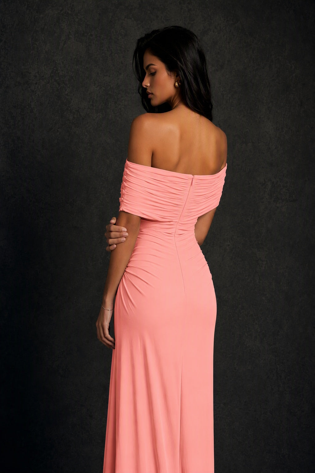 BOLODOO Coral Off-Shoulder Ruched Maxi Dress - Coral