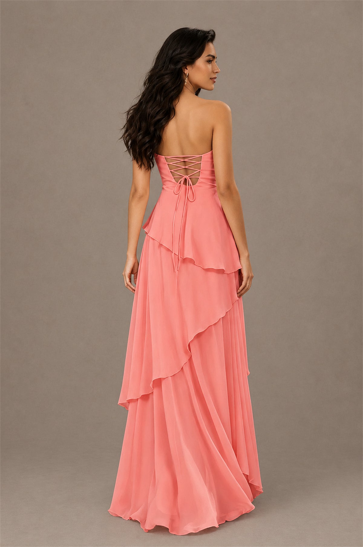 BOLODOO Coral Strapless Sweetheart Knotted Chiffon Tiered Maxi Dress with Lace-Up Back - Coral