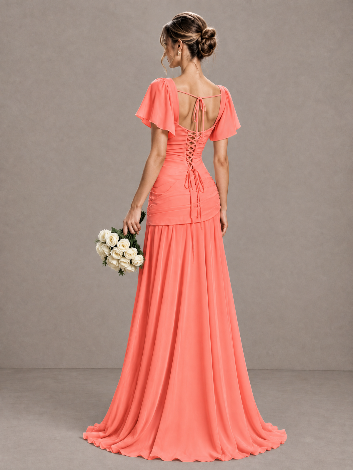 BOLODOO Coral Flutter Sleeve Lace-Up Back Maxi Dress - Coral