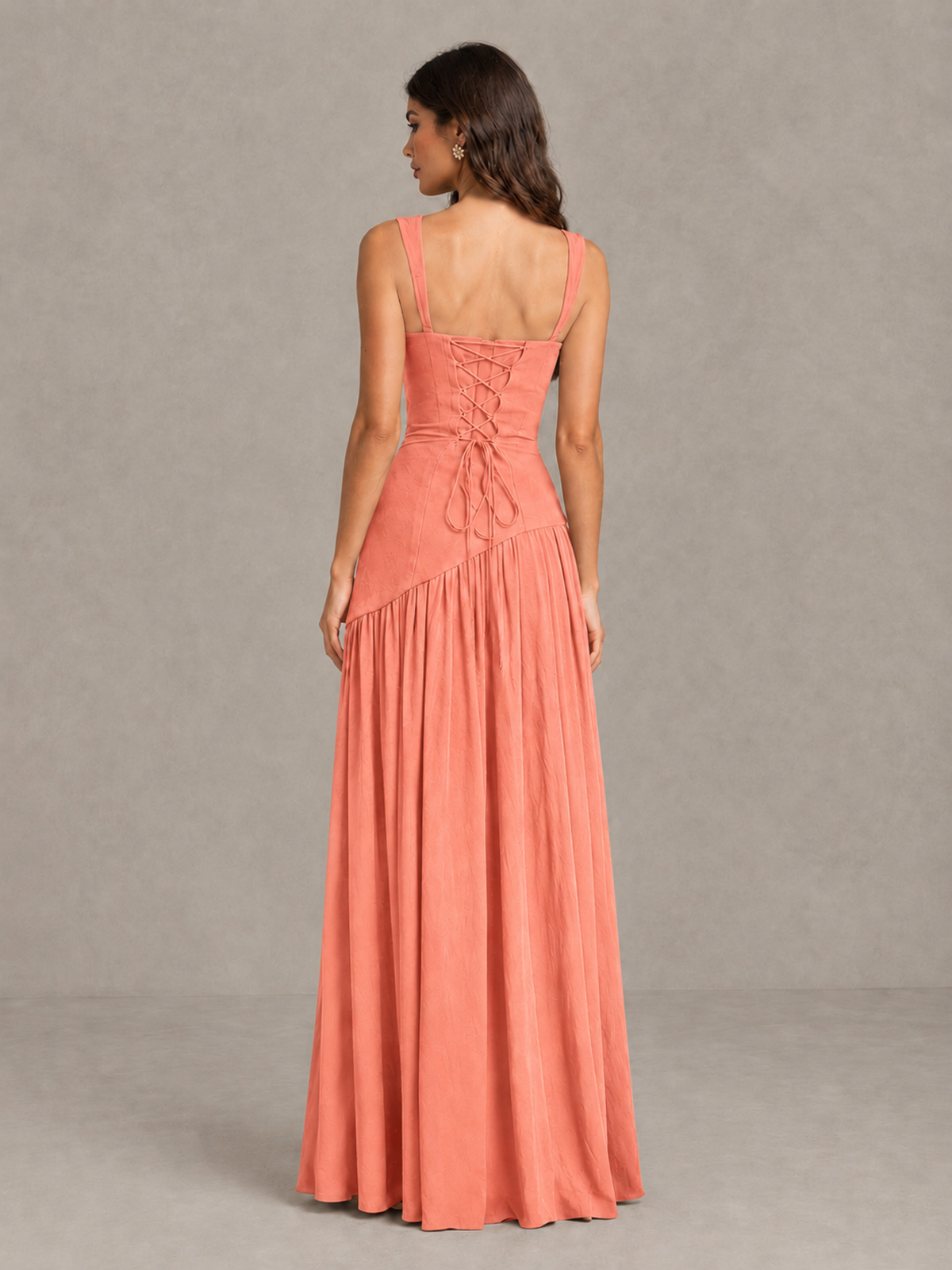 BOLODOO Coral Brown Scarf Bridesmaid Dress with Lace-Up Back - Coral - Coral (2)