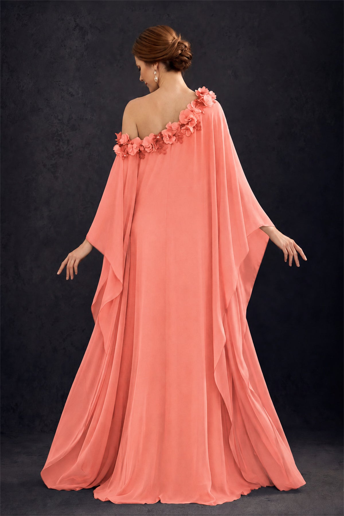BOLODOO Coral 2-Piece Set: Off-Shoulder 3D Floral Cape Gown & One-Shoulder Wide-Leg Jumpsuit | BD0373 - Coral
