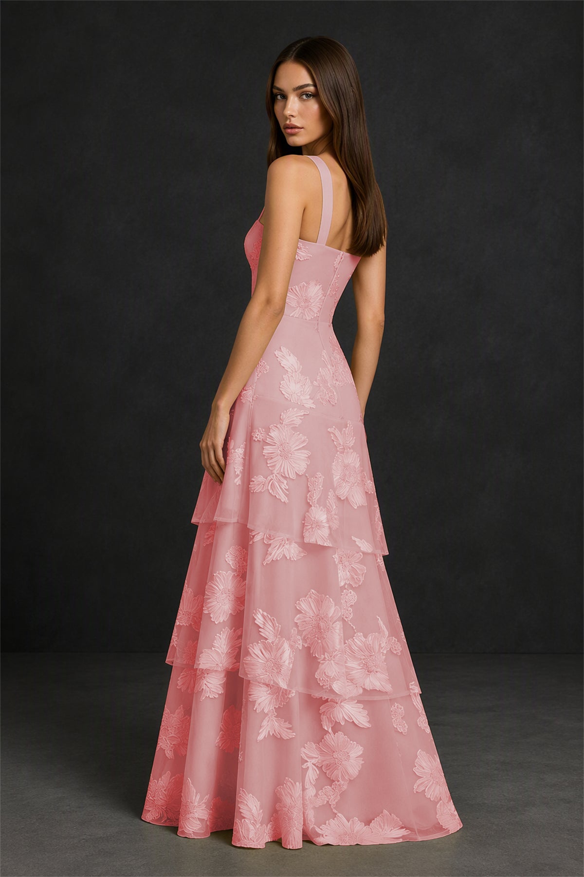 BOLODOO Coral Crisscross Halter Neck Coral Floral Embroidered Triple Tiered A-Line Tulle Maxi Dress - Coral