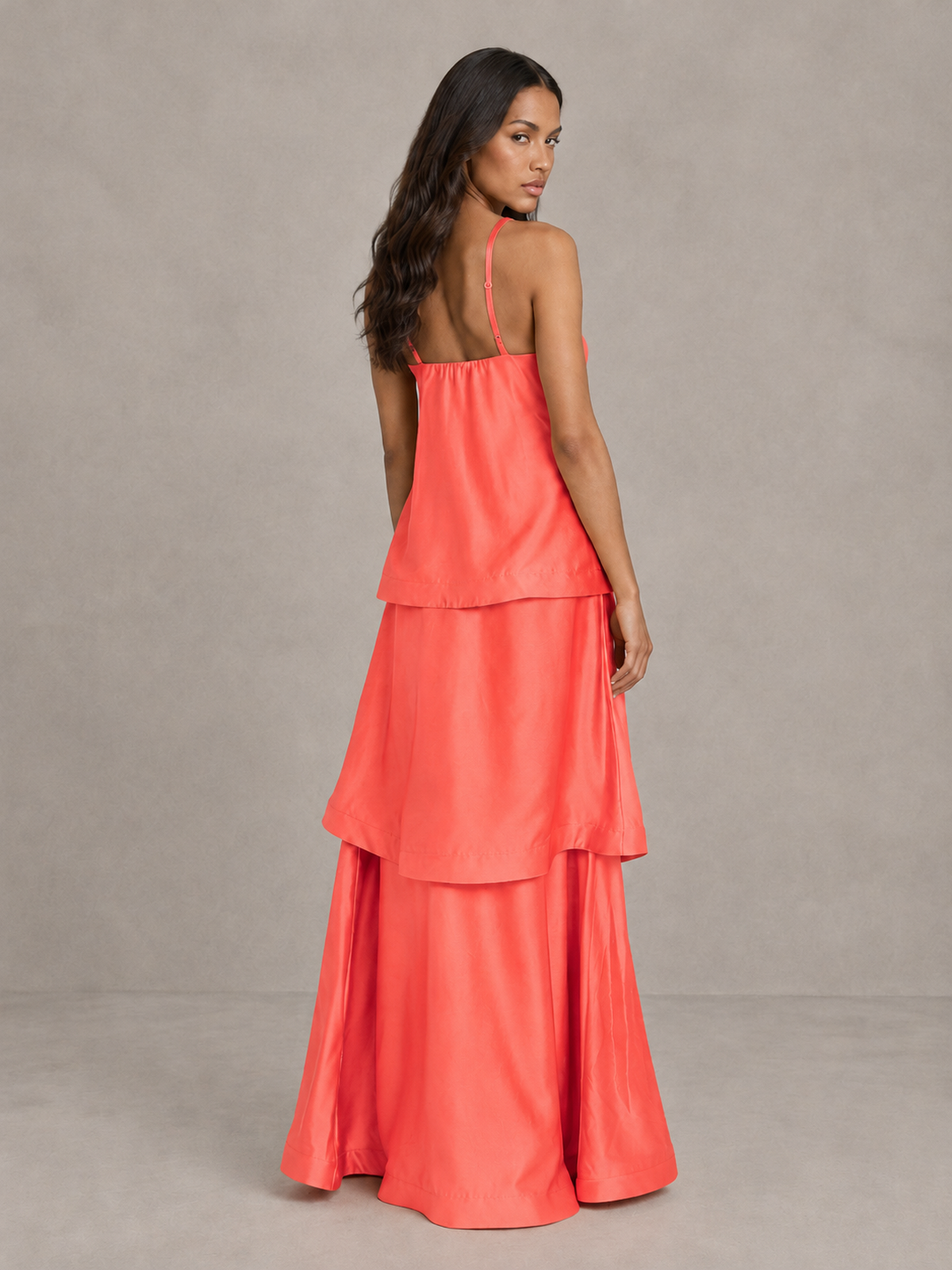 BOLODOO Coral Satin Tiered Maxi Dress with Spaghetti Straps - Coral
