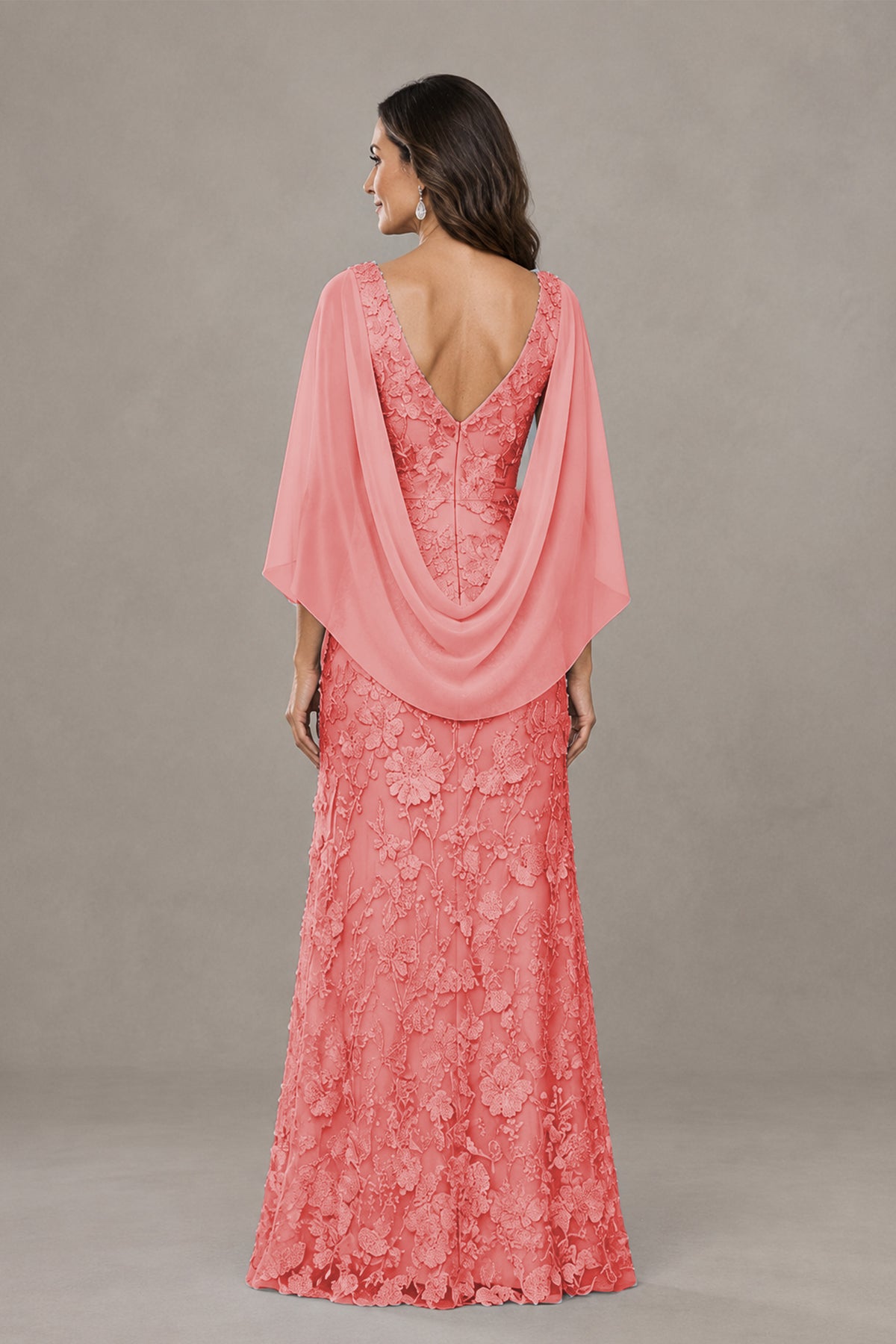 BOLODOO Coral Lace Mother of the Bride Dress with Cape Sleeves - Coral