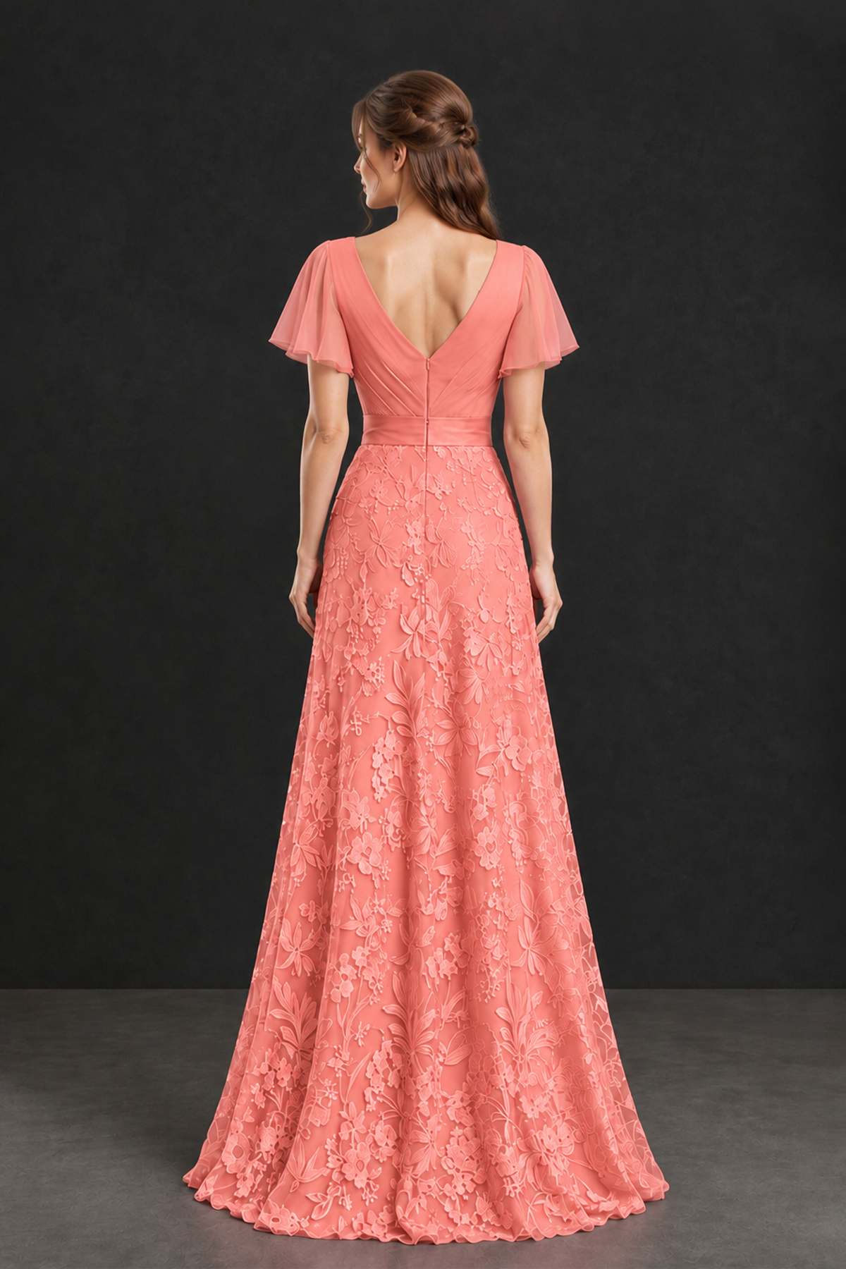 BOLODOO Coral Flutter Sleeve Lace Mother of the Bride Dress - Coral