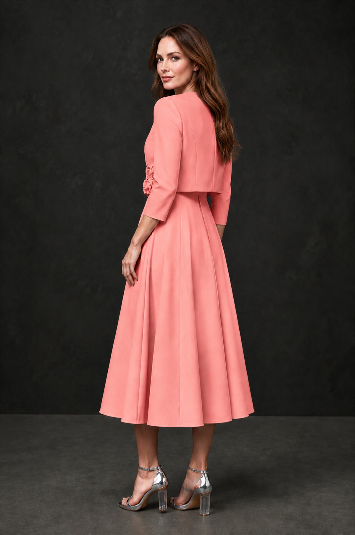 BOLODOO Coral 3D Rosette Appliqué 3/4 Sleeve Jacket & V-Notch Sleeveless A-Line Tea-Length Two-Piece Dress Set - Coral