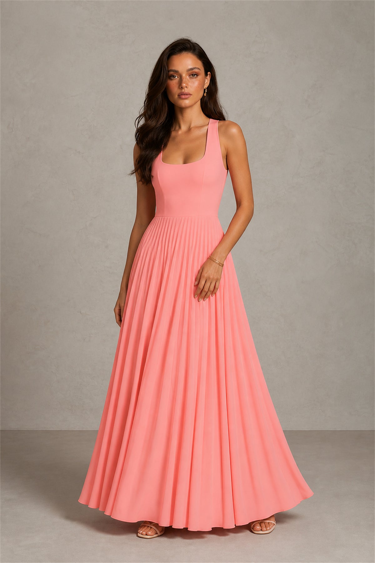 BOLODOO Coral Square Neck Wide Strap Lace-Up Back Pleated A-Line Chiffon Maxi Dress - Coral