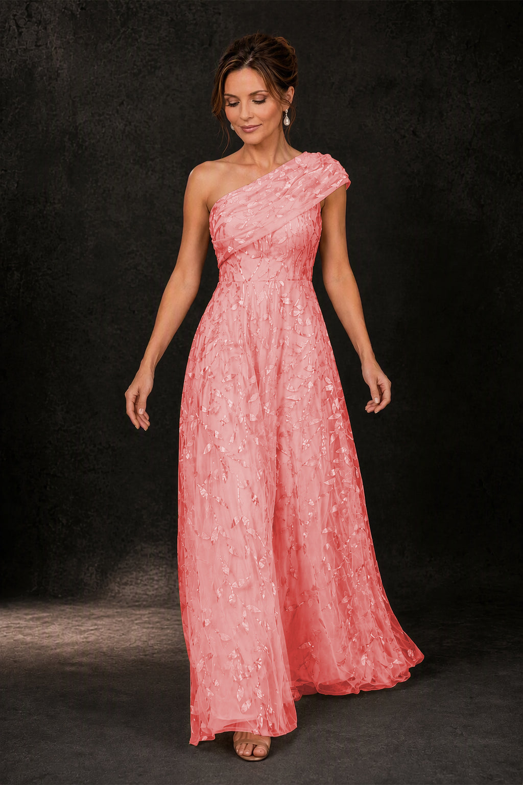 BOLODOO Coral Leaf Sequin One-Shoulder A-Line Maxi Gown – Mother of the Bride & Formal Evening Dress - Coral