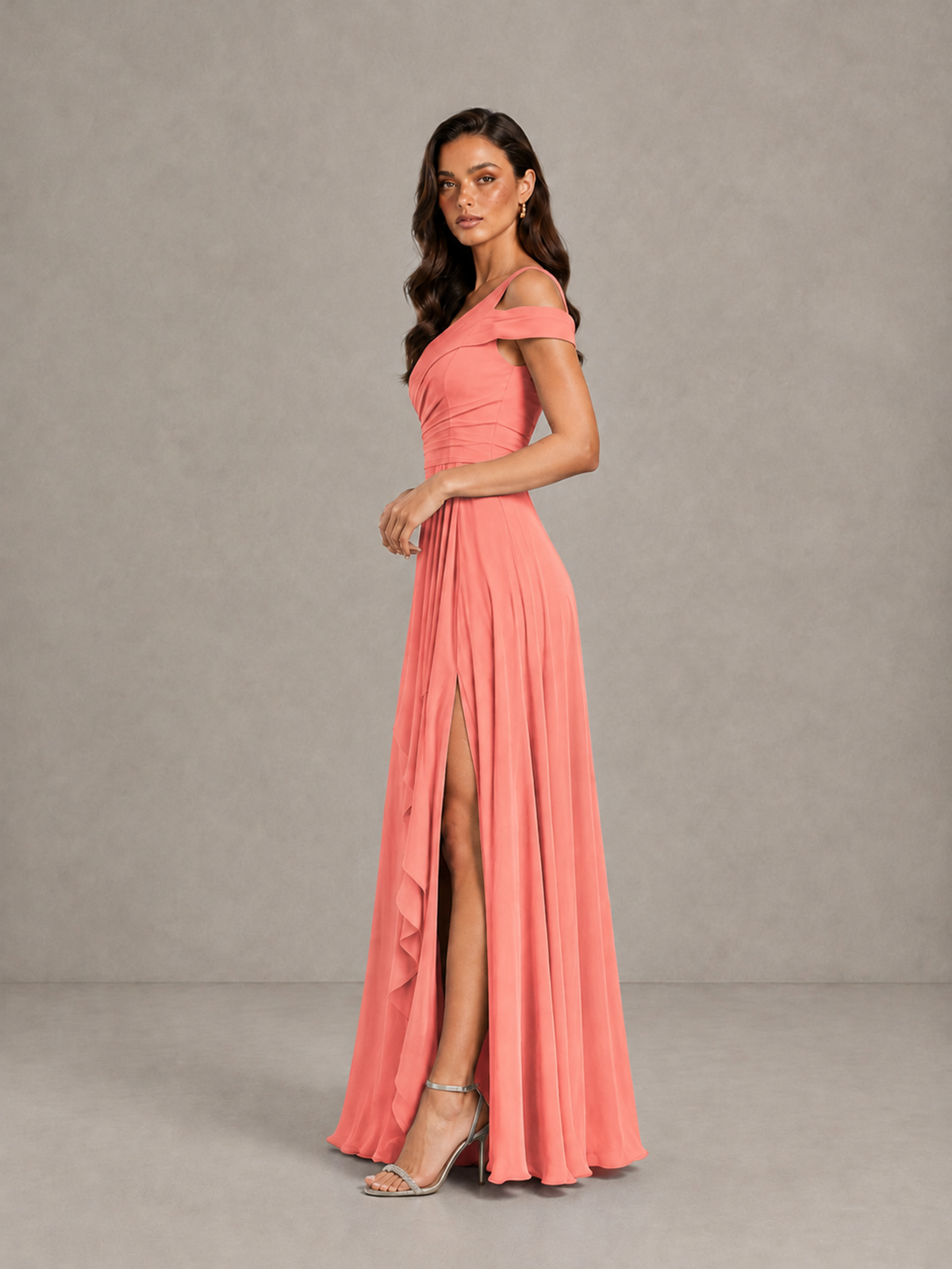 BOLODOO Coral One-Shoulder Bridesmaid Dress with Side Slit - Coral - Coral (3)