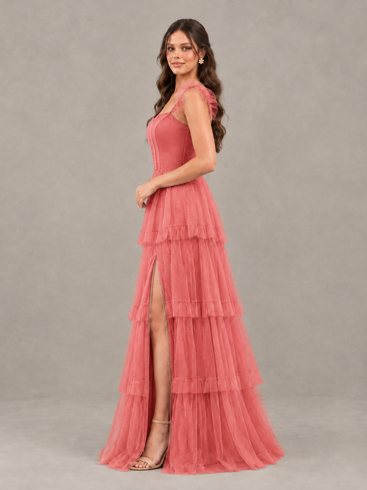 BOLODOO Coral Tiered Tulle Bridesmaid Dress with Slit - Coral - Coral (3)