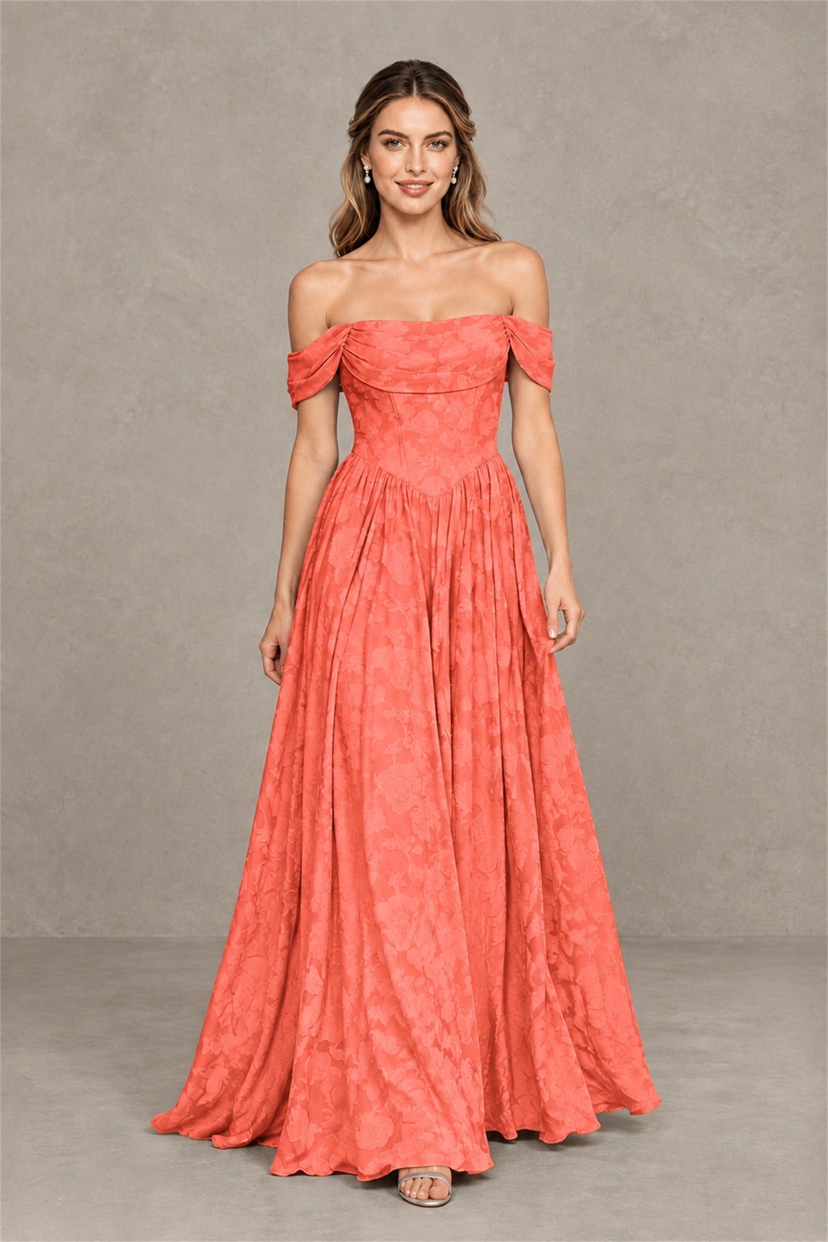 BOLODOO Coral Off-Shoulder Floral A-Line Maxi Dress - Coral