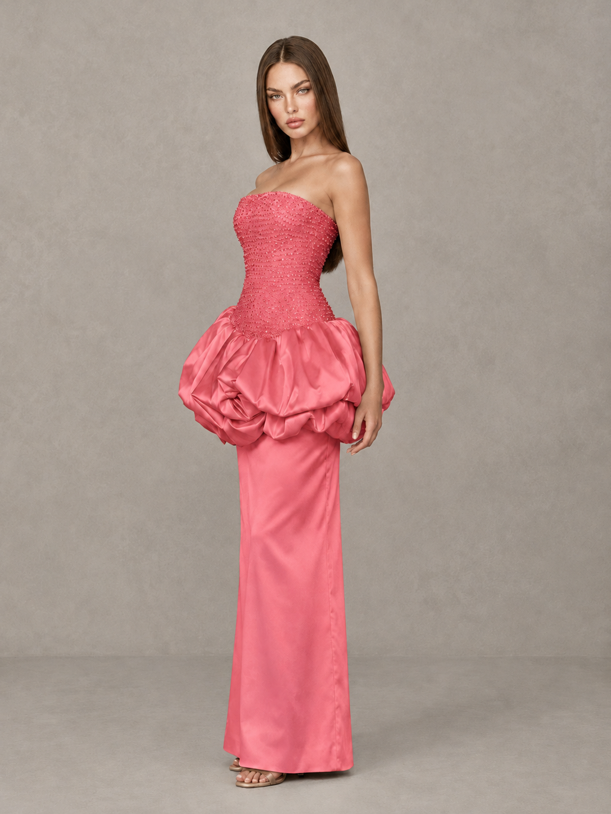 BOLODOO Coral Strapless Embellished Bubble Peplum Evening Dress - Coral - Coral (3)