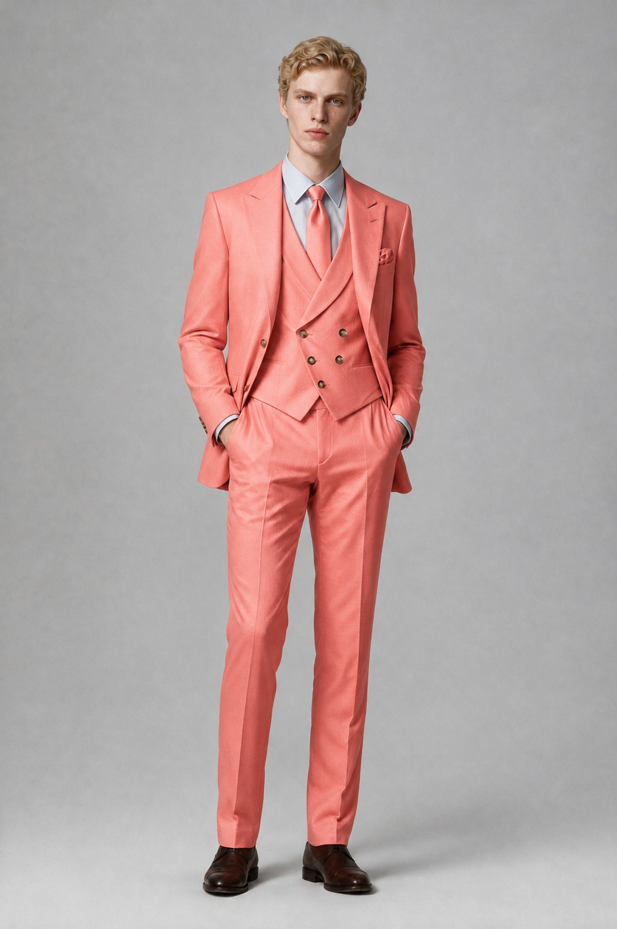 Bolodoo Men's Coral Two-Piece Suit with Notch-Lapel Jacket and Trousers - Coral - Coral (3)