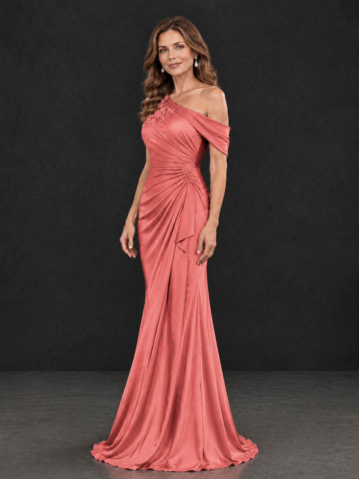 BOLODOO Coral Asymmetric Satin Mother of the Bride Dress with Lace Sleeve - Coral - Coral (3)