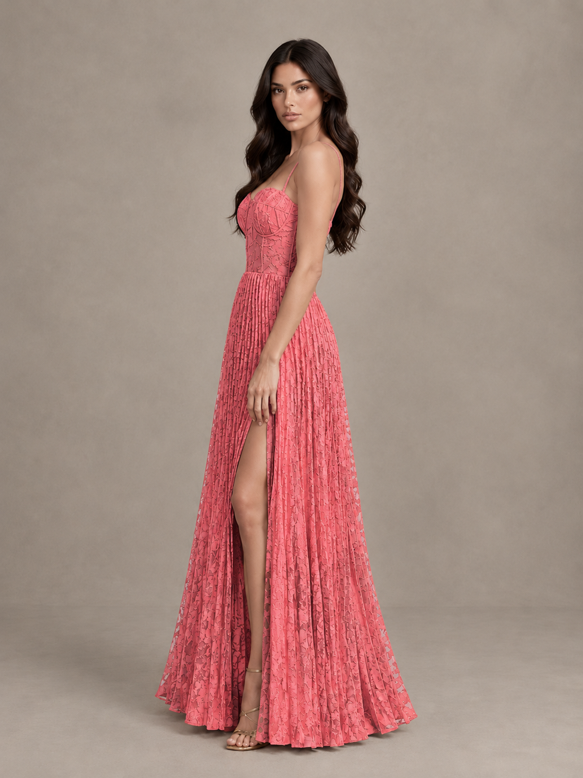 BOLODOO Coral Pleated Bridesmaid Dress with Sweetheart Neckline & Slit - Coral - Coral (3)