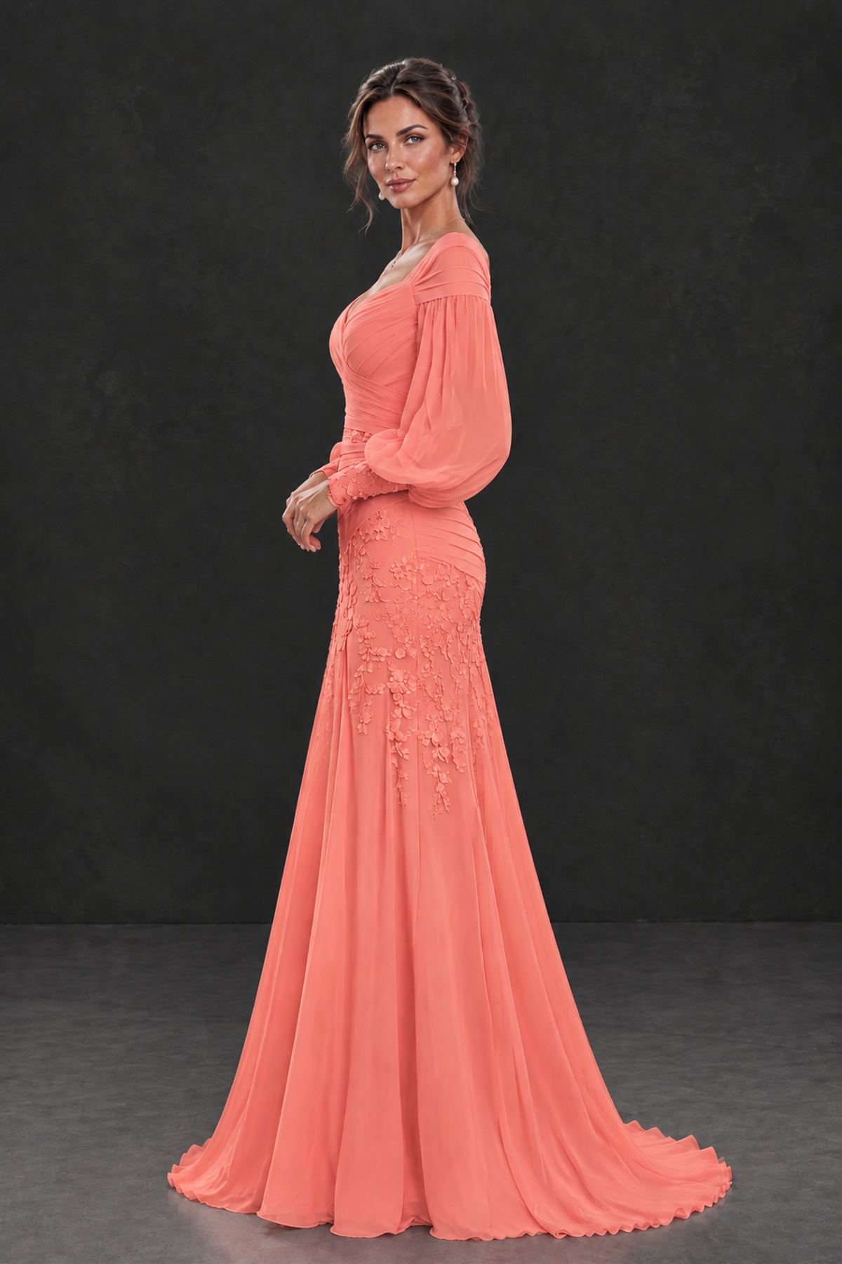 BOLODOO Coral Long Sleeve Mother of the Bride Dress with Floral Appliqués - Coral - Coral (3)