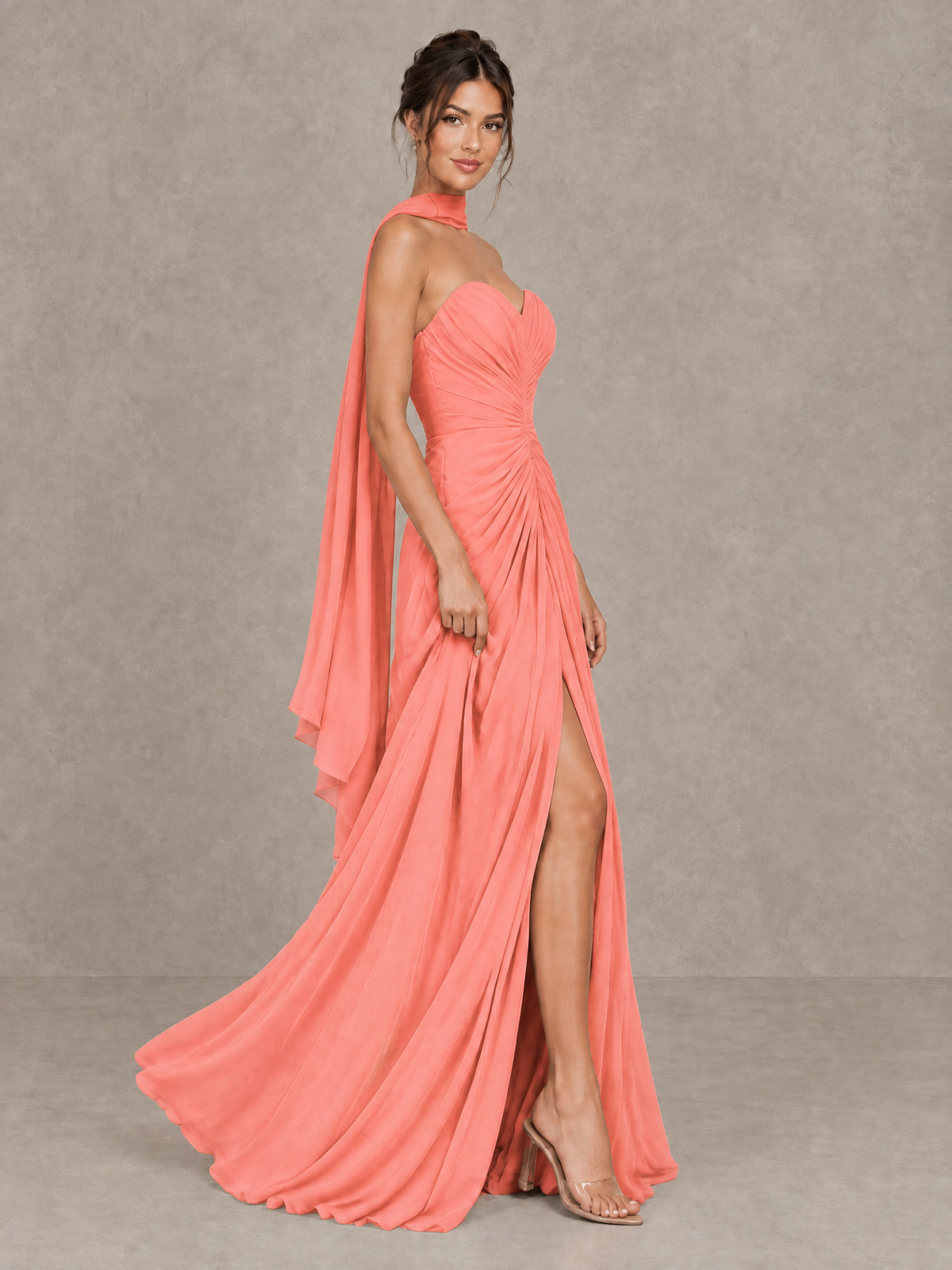 BOLODOO Coral Strapless Ruched Maxi Dress with Scarf and Slit - Coral