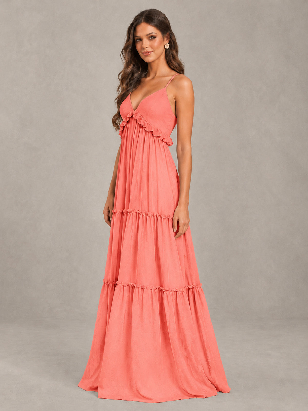 BOLODOO Coral Tiered V-Neck Lace-Up Back Bridesmaid Dress - Coral - Coral (3)