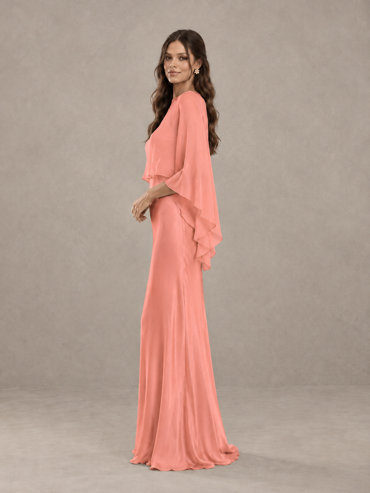 BOLODOO Coral Satin Mermaid Bridesmaid Dress with Chiffon Cape - Coral - Coral (3)