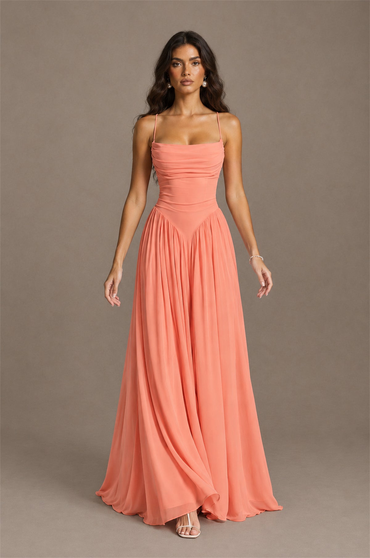 BOLODOO Coral Spaghetti Strap Square Neck Ruched Chiffon Maxi Dress with Lace-Up Back - Coral
