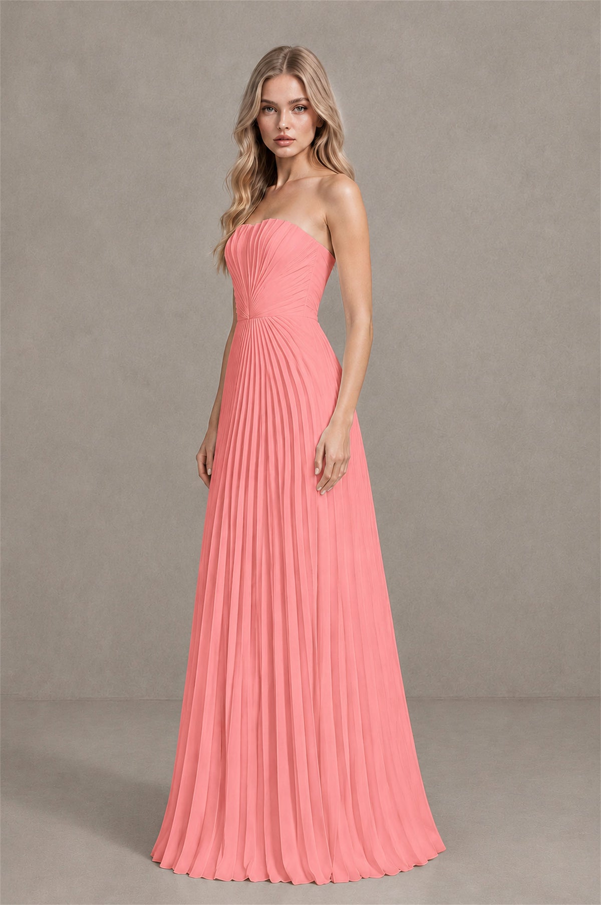 BOLODOO Coral Strapless Sunburst Pleated Twisted Knot Lace-Up Back Accordion Pleated Chiffon Maxi Dress - Coral