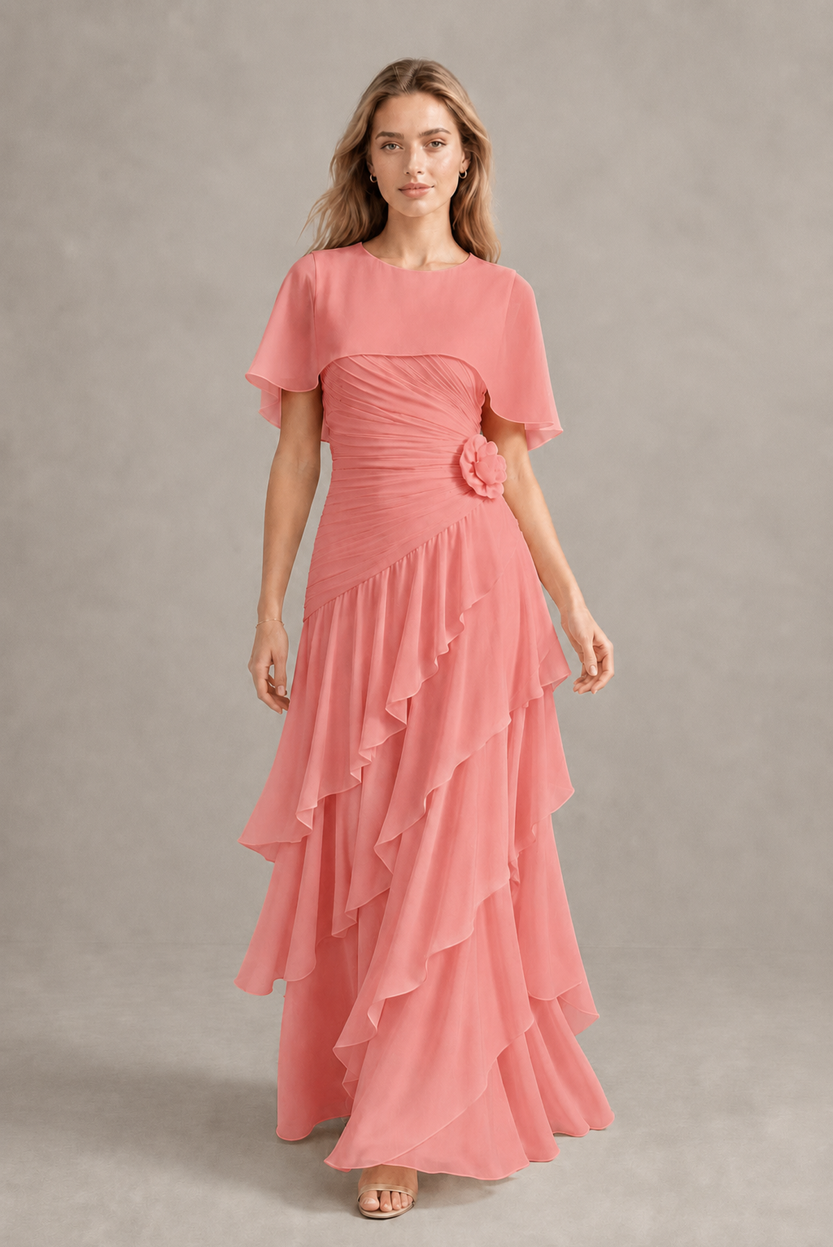 BOLODOO Coral Chiffon Flutter Sleeve Tiered Maxi Dress with 3D Rosette - Coral