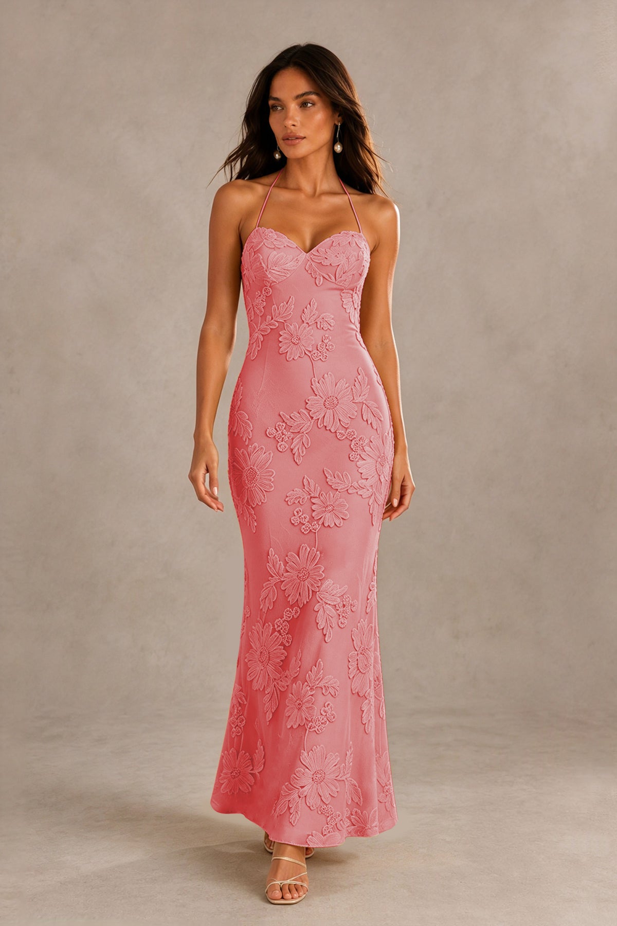 BOLODOO Coral Halter Sweetheart Floral Embroidered Lace-Up Open Back Maxi Dress | BD0257 - Coral