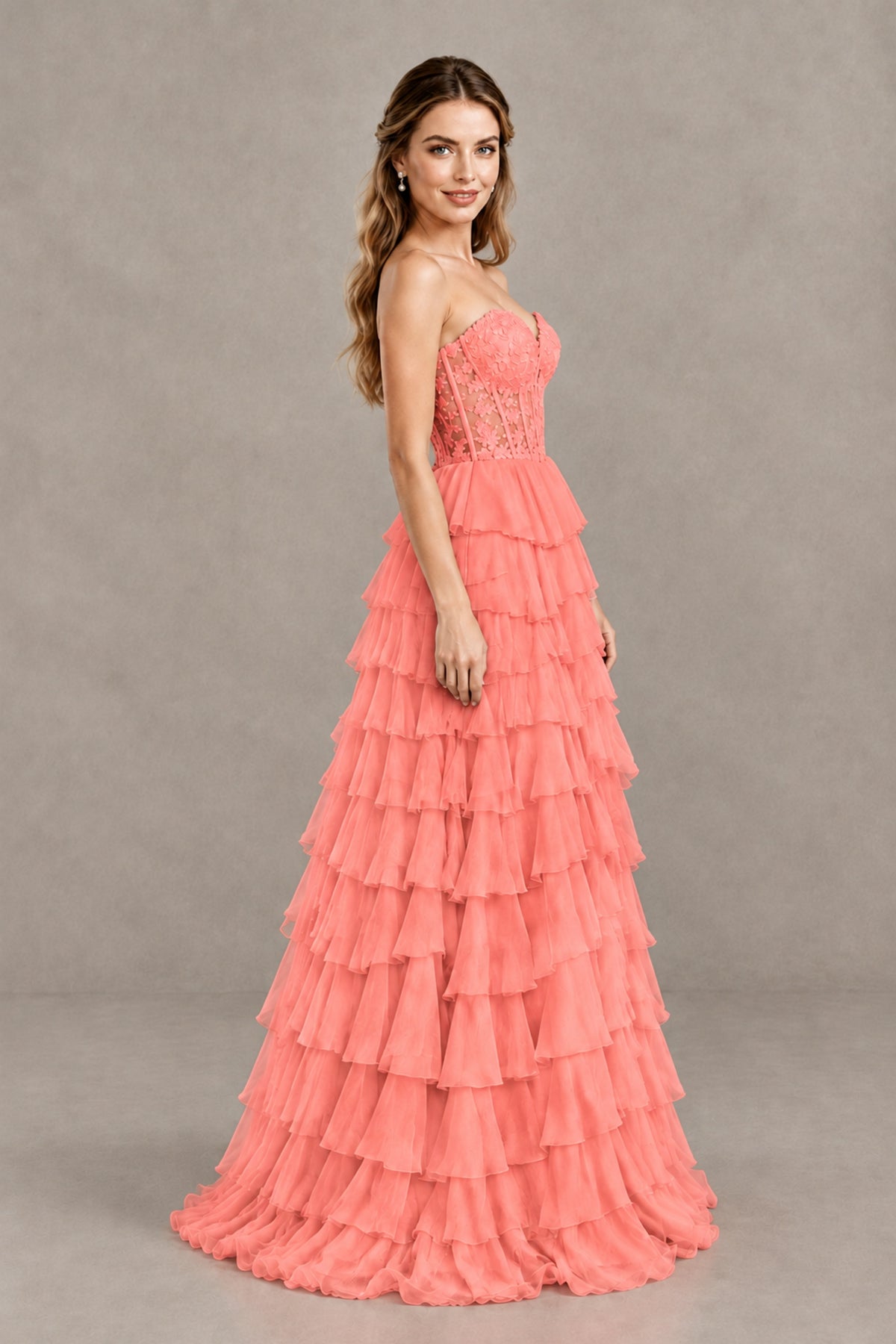 BOLODOO Coral Strapless Lace Corset Tiered Ruffle Prom Dress with Slit - Coral - Coral (3)