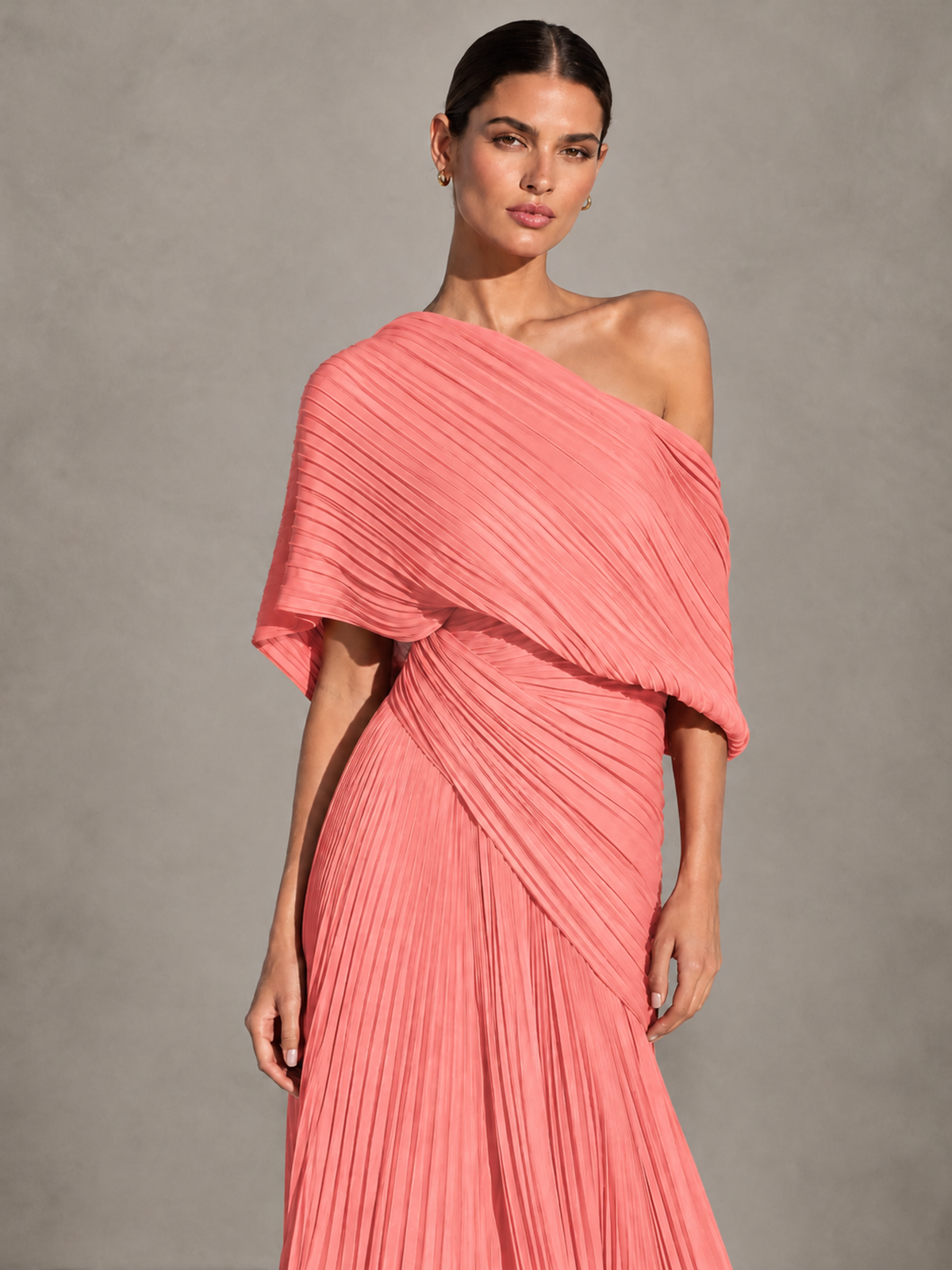 BOLODOO Coral One-Shoulder Pleated Cape Evening Gown with Train - Coral - Coral (3)