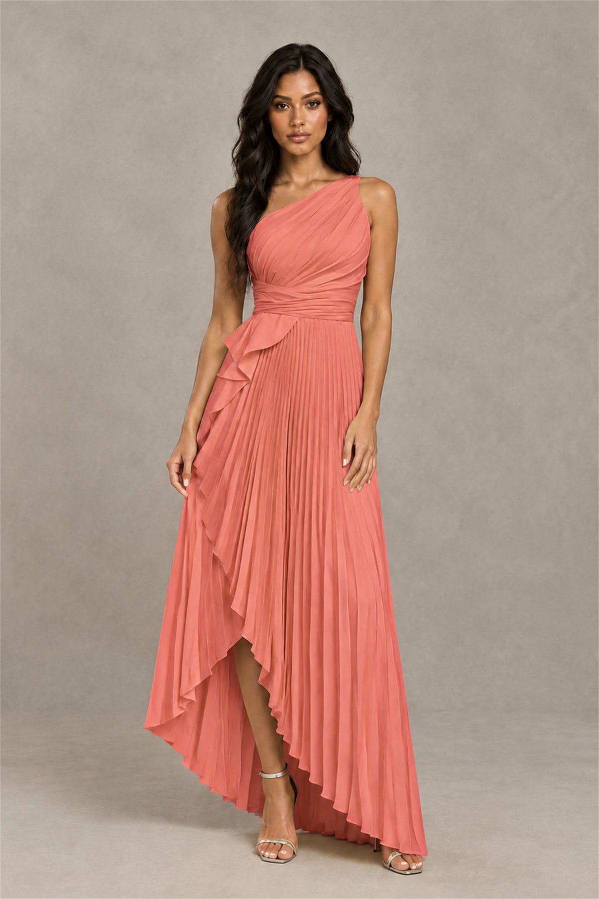 BOLODOO Coral One-Shoulder High-Low Ruffle Maxi Dress - Coral