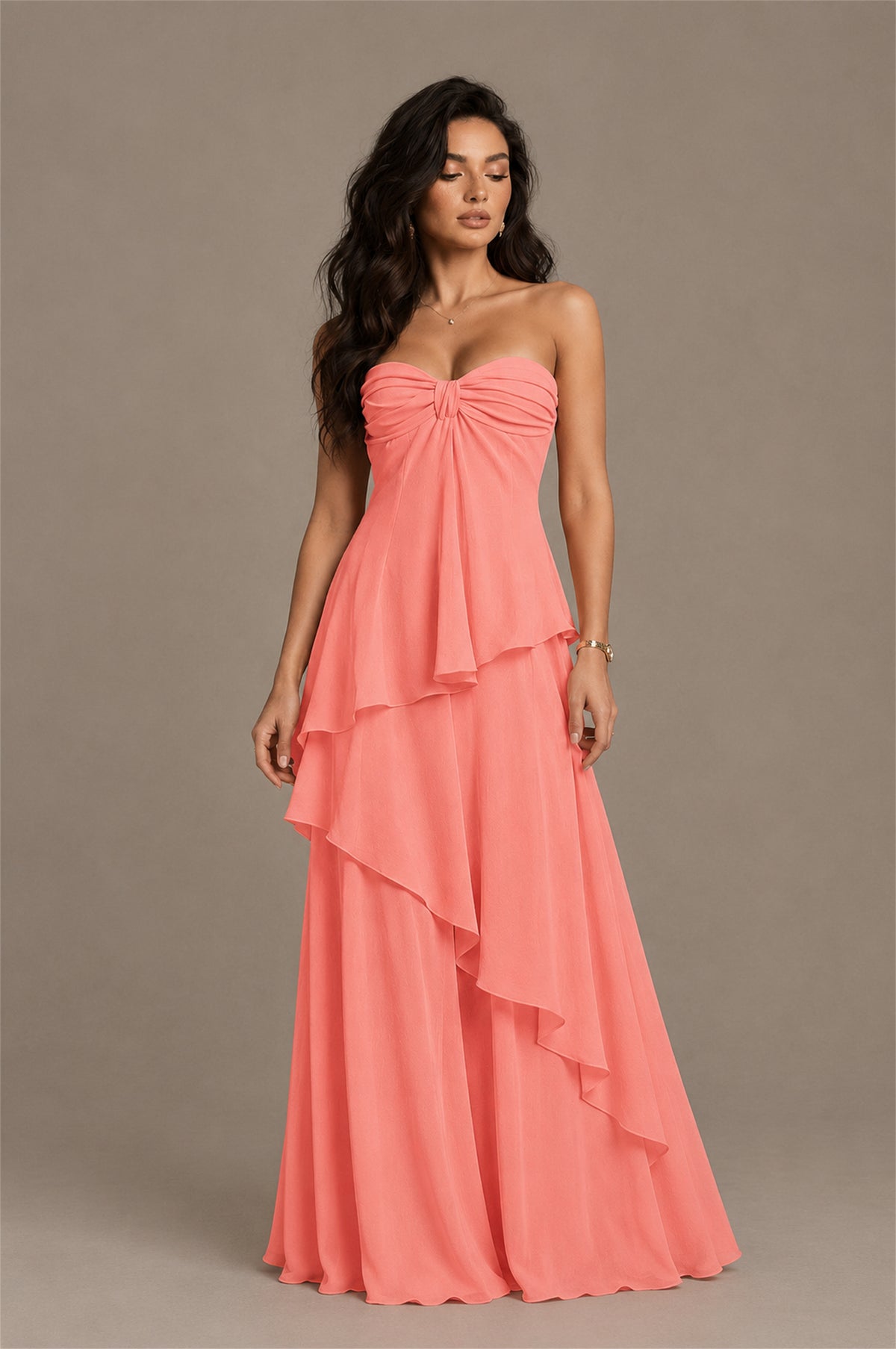 BOLODOO Coral Strapless Sweetheart Knotted Chiffon Tiered Maxi Dress with Lace-Up Back - Coral