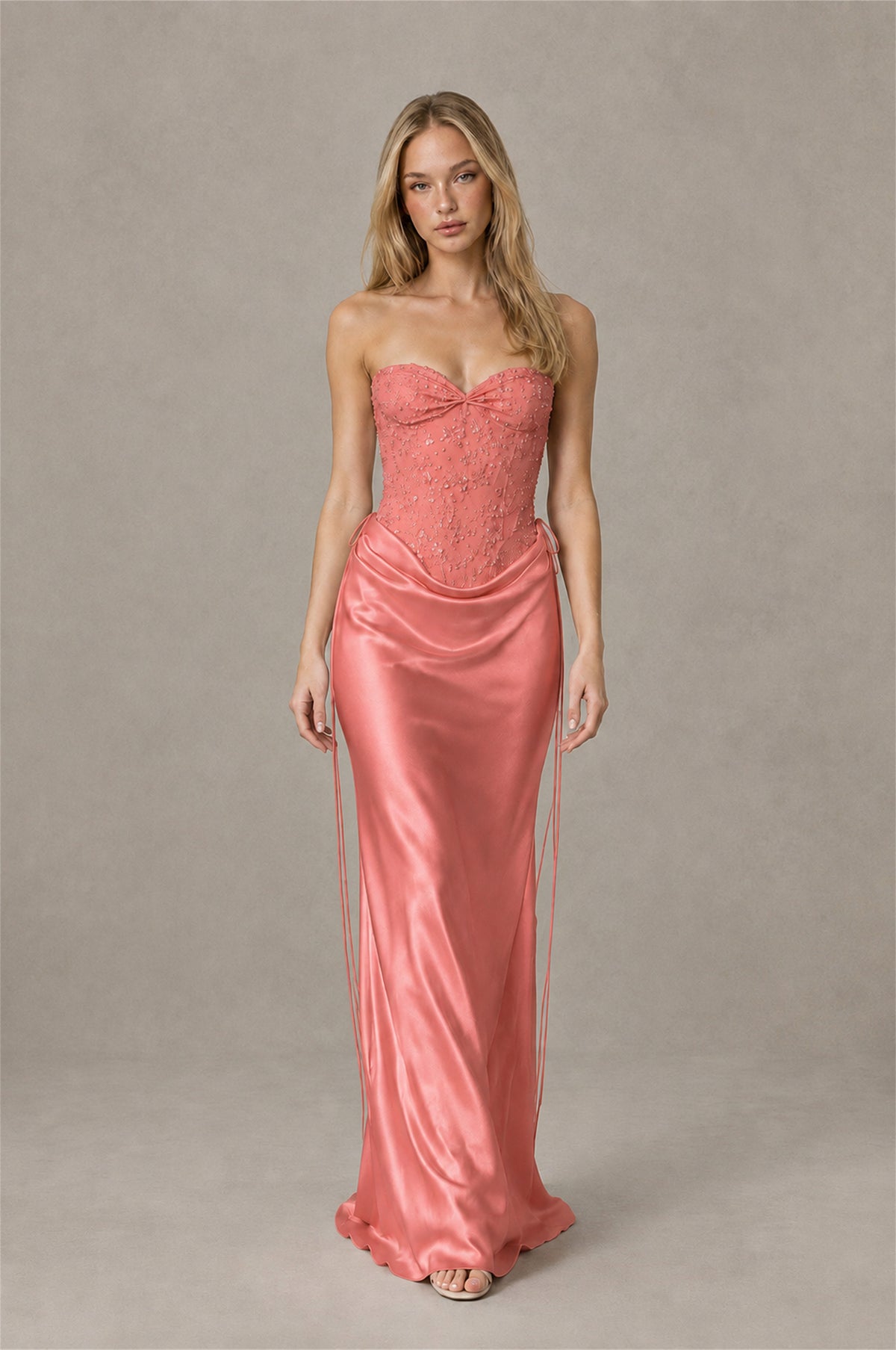 BOLODOO Coral Strapless Embellished Corset Satin-Look Maxi Dress - Coral