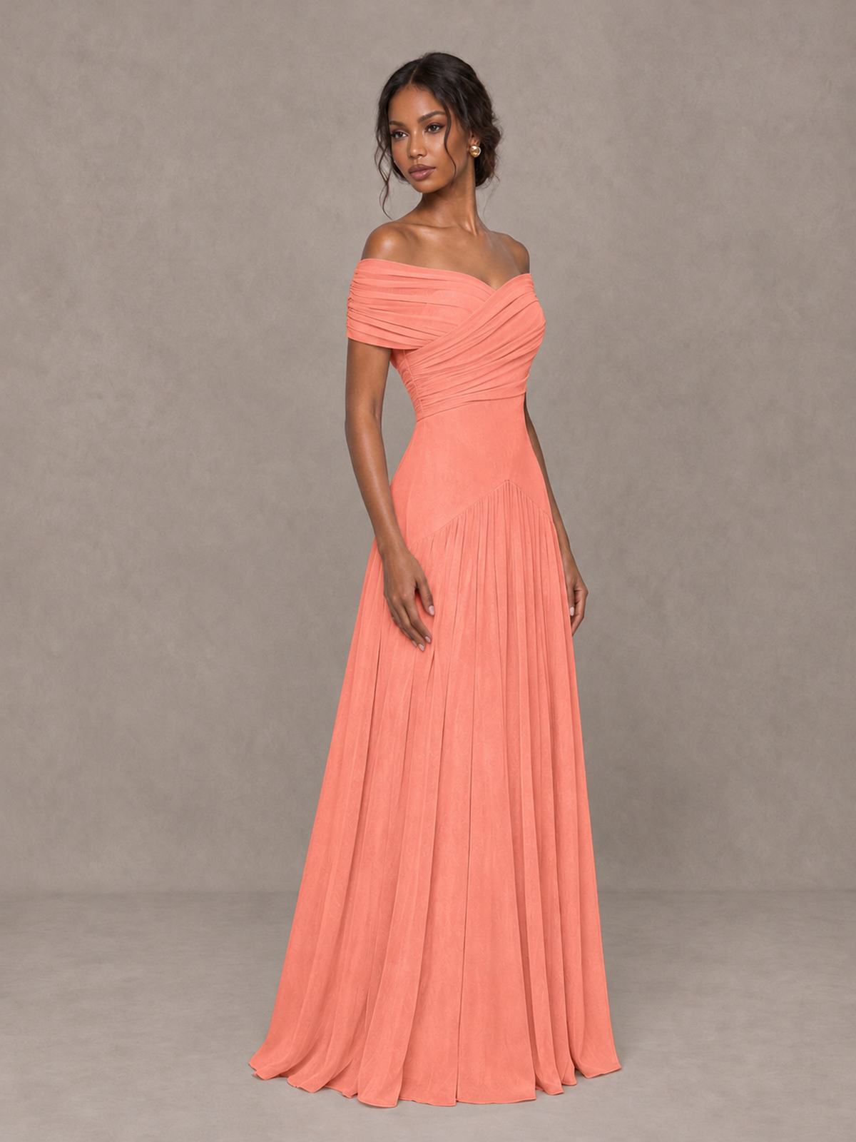 BOLODOO Coral Off-Shoulder Ruched A-Line Bridesmaid Dress - Coral - Coral (3)