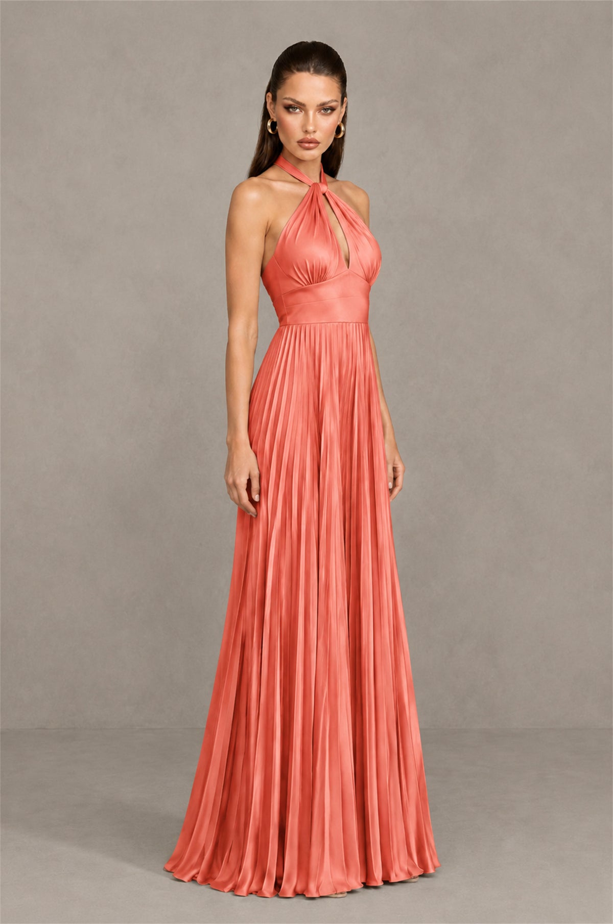BOLODOO Coral Halter Pleated A-Line Evening Dress - Coral