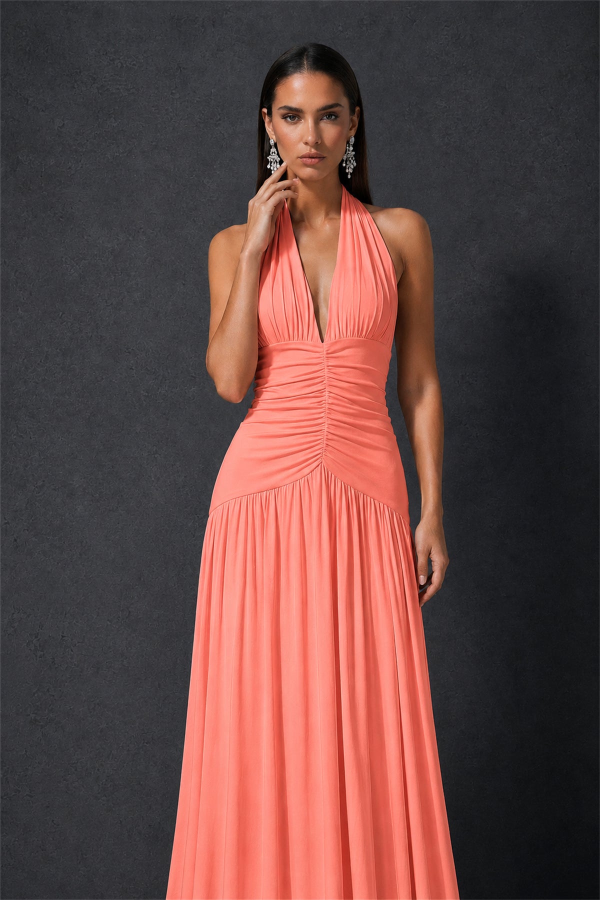 BOLODOO Coral Halter Deep V-Neck Ruched Chiffon Open Back Maxi Dress with Draped Neck Tie - Coral