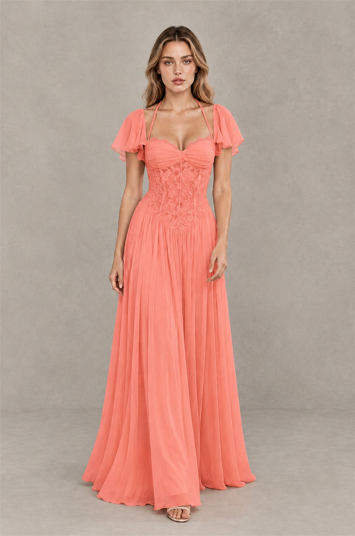 BOLODOO Coral Flutter Sleeve Lace Corset A-Line Maxi Dress - Coral - Coral (3)