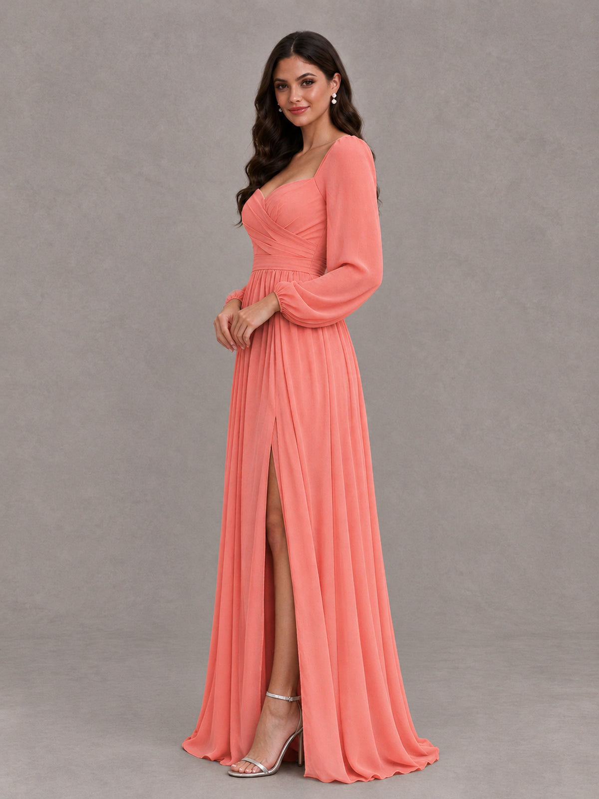 BOLODOO Coral Long Sleeve Chiffon Bridesmaid Dress with Slit - Coral - Coral (3)