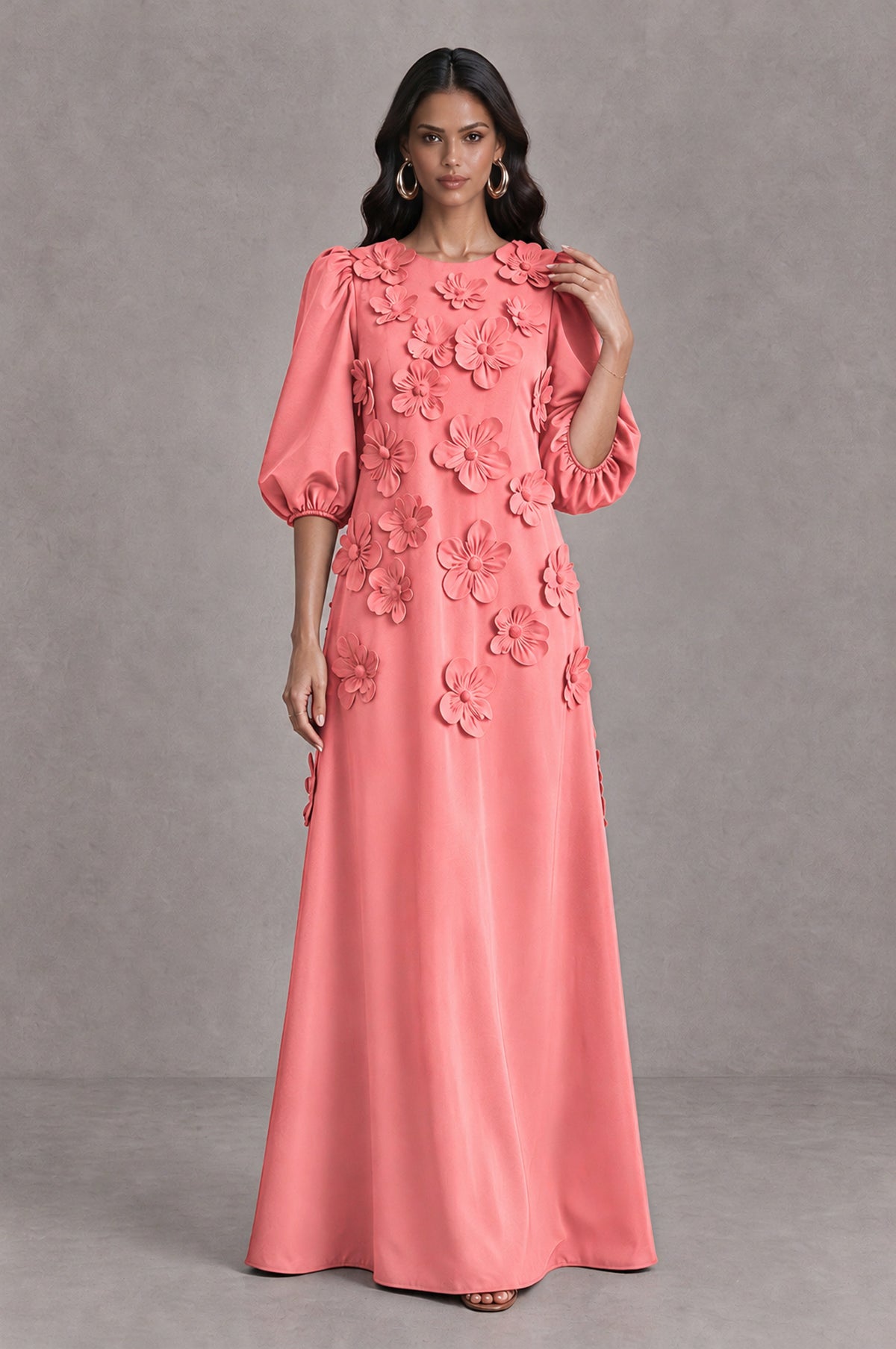 BOLODOO Coral Floral Applique Puff Sleeve A-Line Evening Dress - Coral - Coral (3)