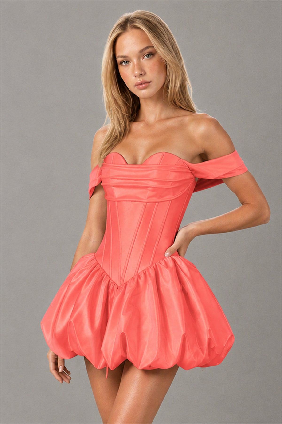 BOLODOO Coral Off-Shoulder Satin Corset Bubble Mini Dress - Coral