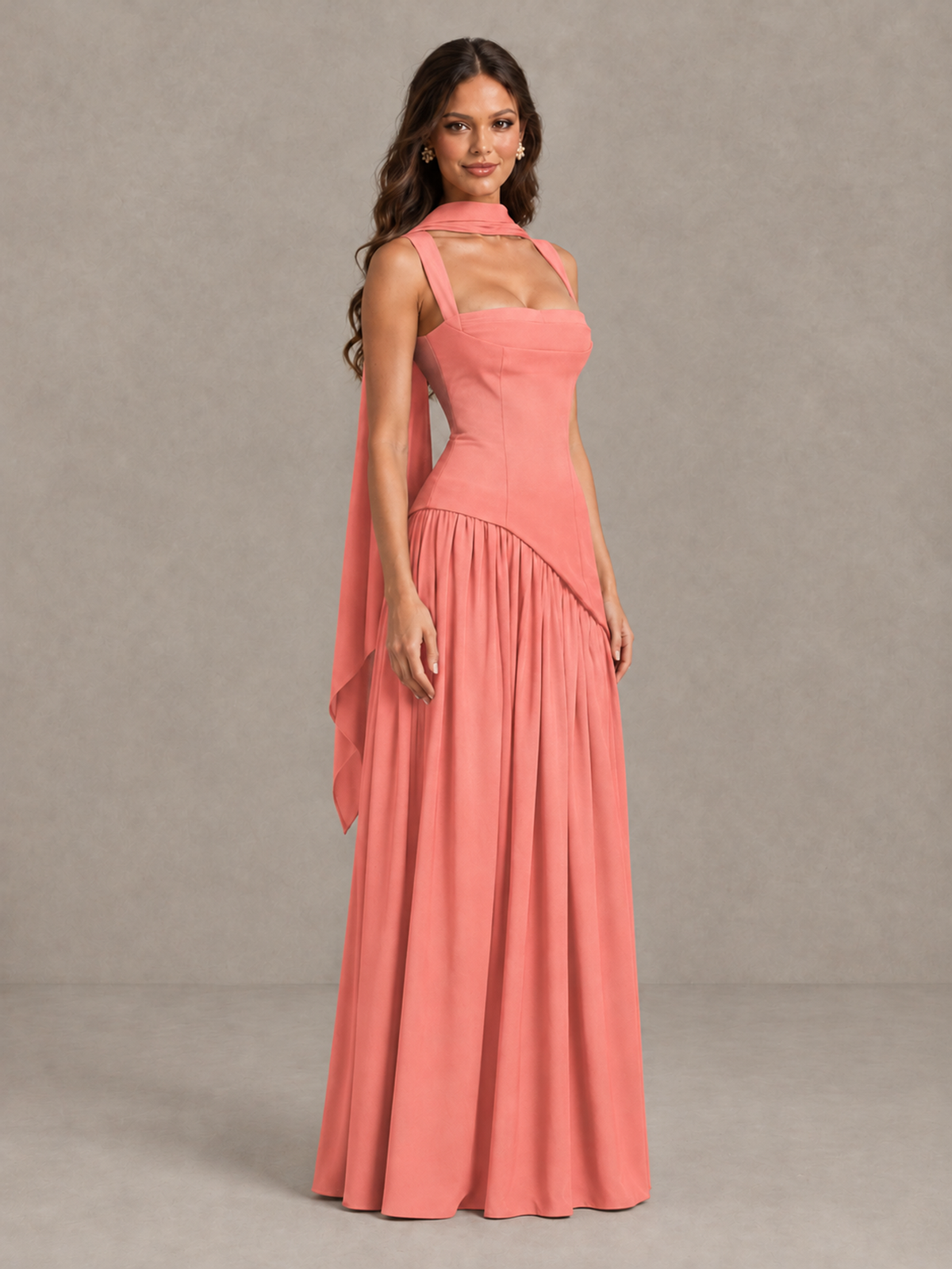 BOLODOO Coral Brown Scarf Bridesmaid Dress with Lace-Up Back - Coral - Coral (3)
