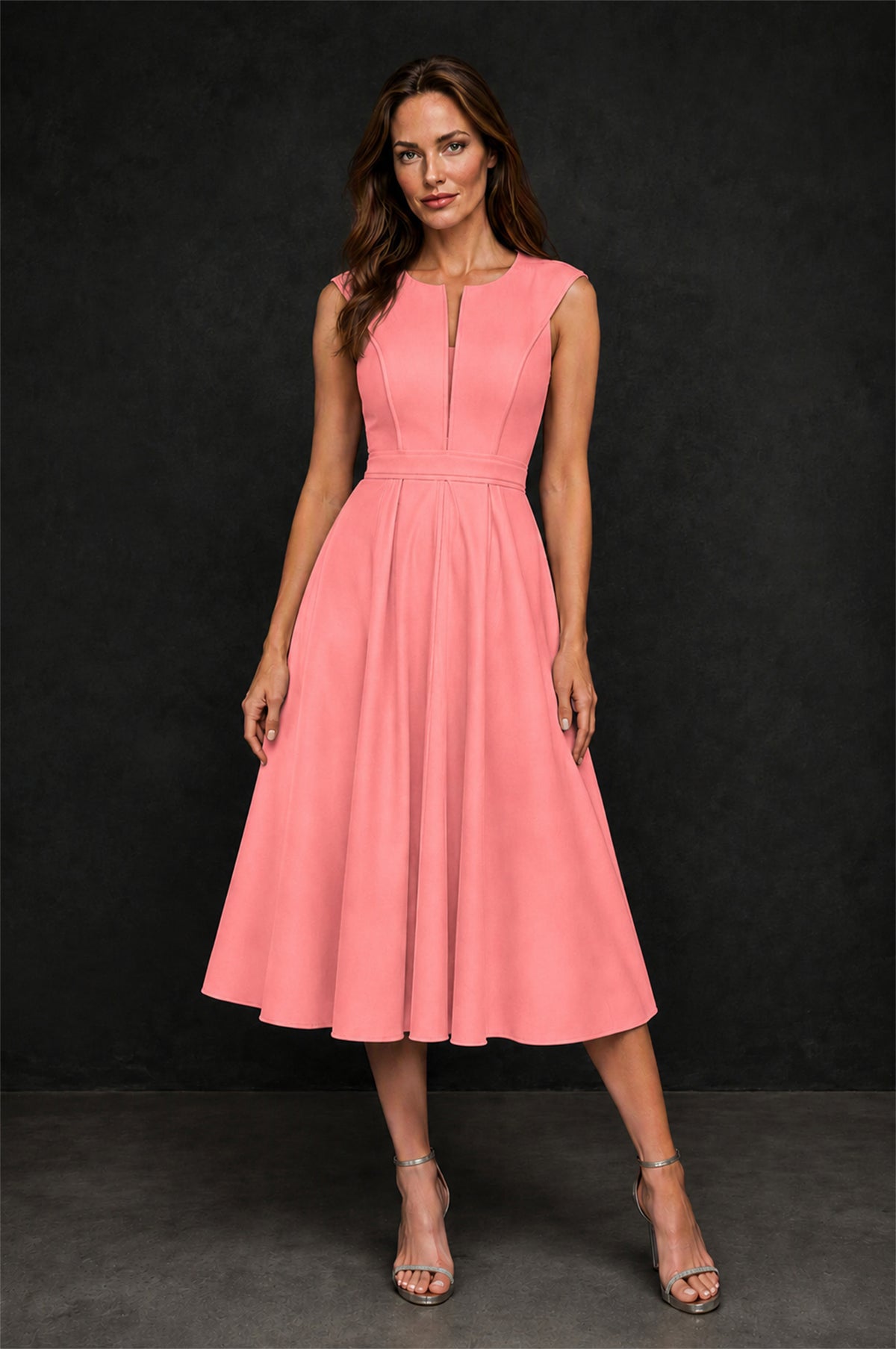 BOLODOO Coral 3D Rosette Appliqué 3/4 Sleeve Jacket & V-Notch Sleeveless A-Line Tea-Length Two-Piece Dress Set - Coral