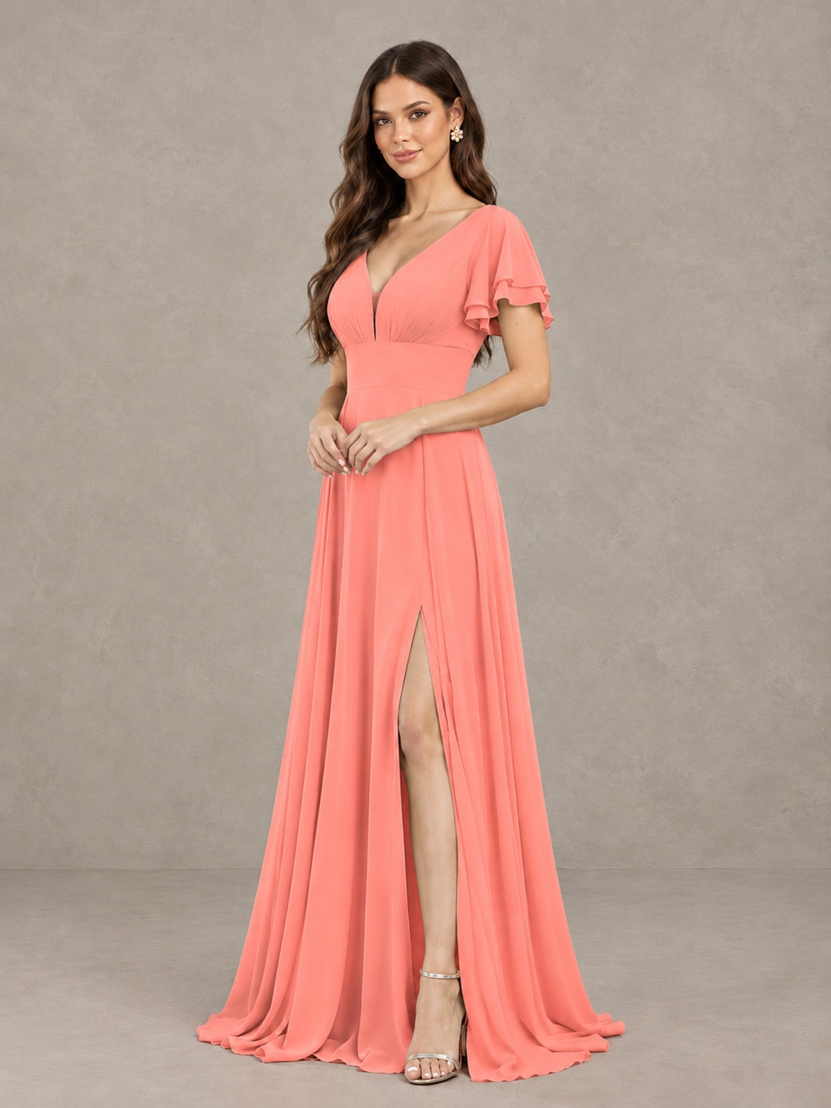 BOLODOO Coral Flutter Sleeve Chiffon A-Line Maxi Bridesmaid Dress with Open Back & Slit - Coral - Coral (3)