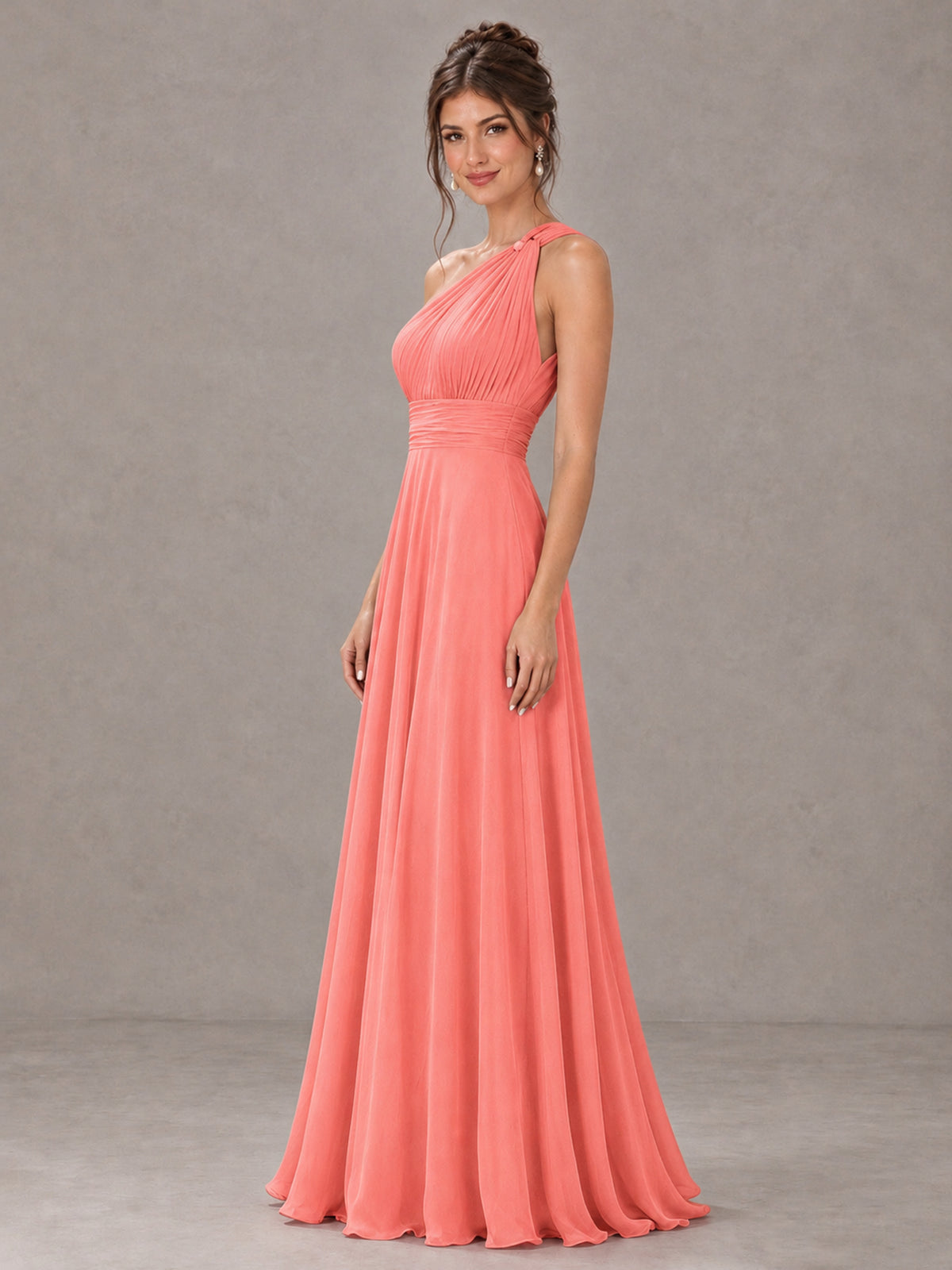 BOLODOO Coral One-Shoulder Chiffon-Look Bridesmaid Dress - Coral - Coral (3)