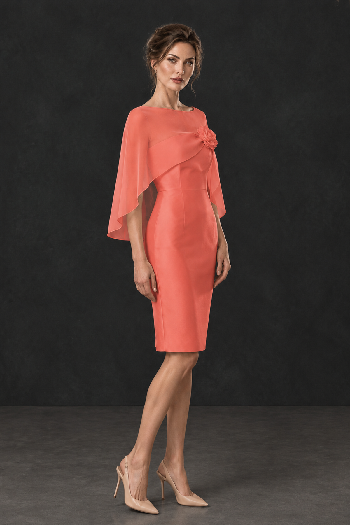 BOLODOO Coral Cape Knee-Length Mother of the Bride Dress - Coral - Coral (3)