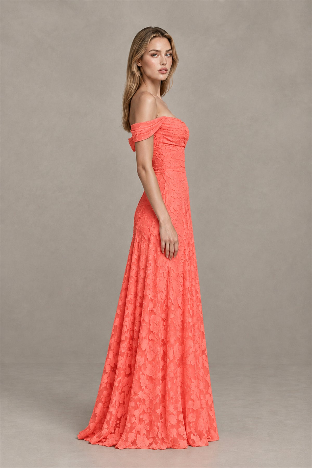 BOLODOO Coral Off-Shoulder Pleated A-Line Maxi Dress Floral - Coral