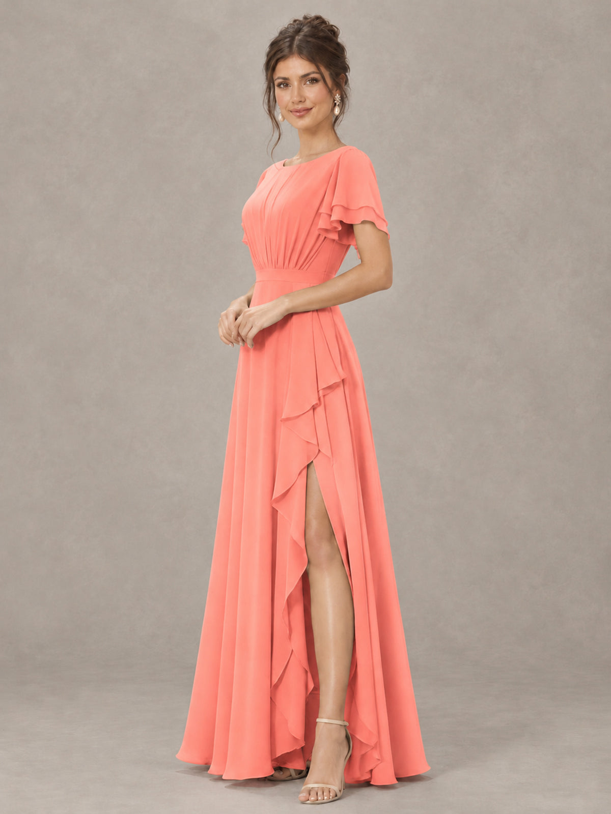 BOLODOO Coral Flutter Sleeve Ruffle Bridesmaid Dress with Slit - Coral - Coral (3)