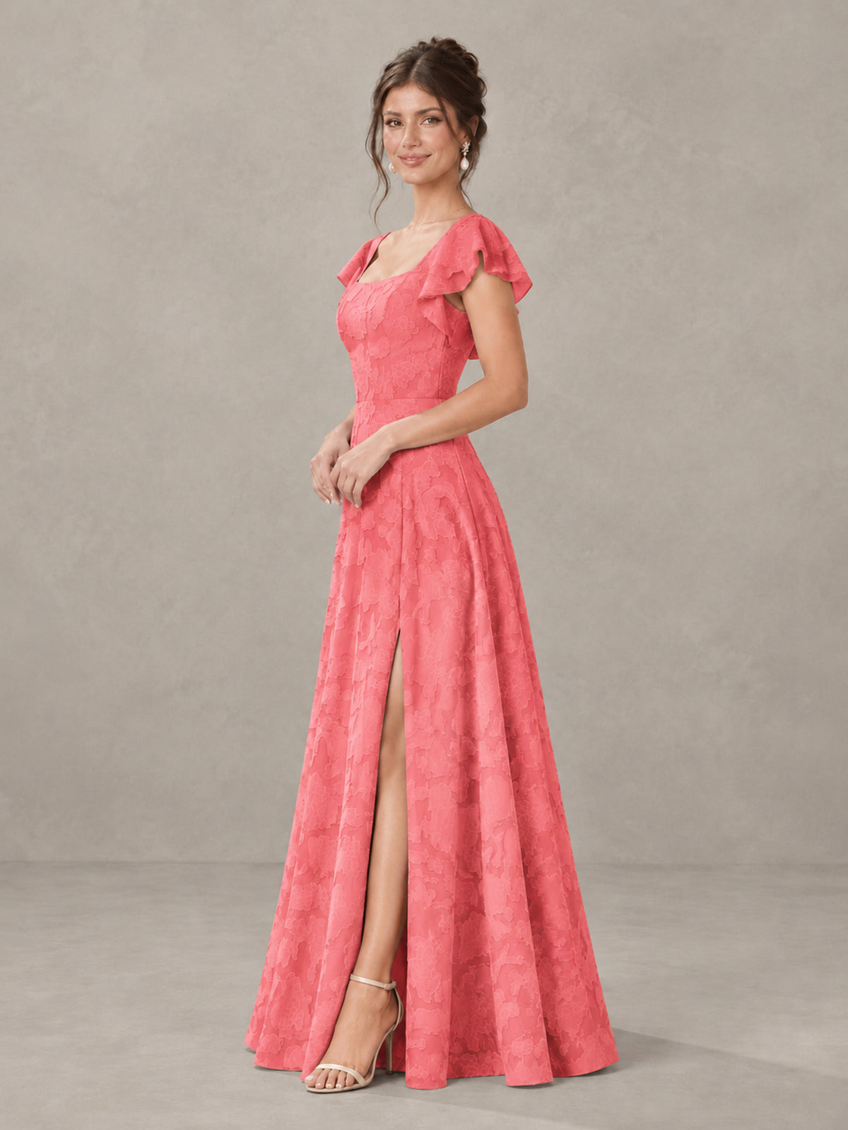 BOLODOO Coral Floral Flutter Sleeve Bridesmaid Dress with Slit - Coral - Coral (3)